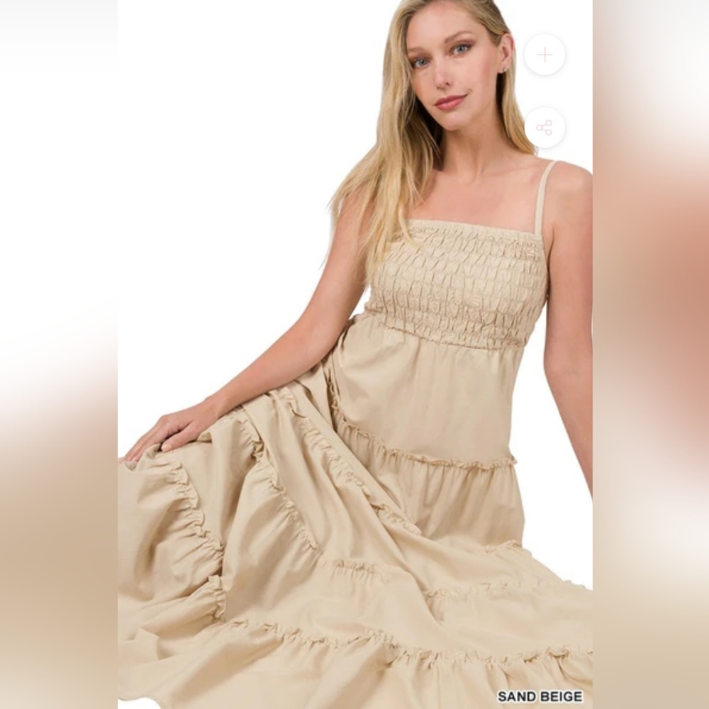 ZENANA Woven Smocked Top Tiered Cami Maxi Dress Beige NWT Small-XL